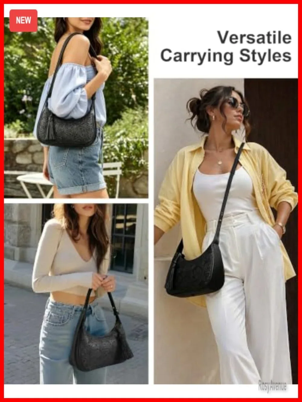 Vegan Leather Floral Embossed Hobo Bag Women Crossbody Shoulder Purse Tassel